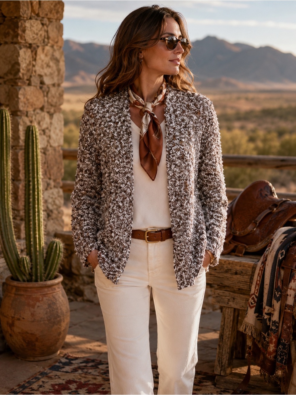 EILEEN FISHER Marled Brown and White Coastal Linen Blend Cardigan, M